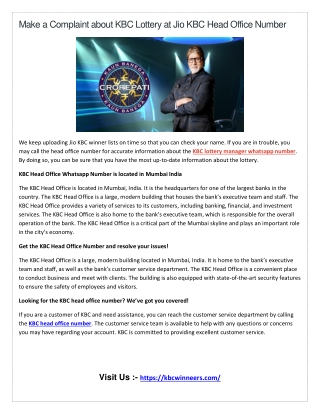 Make a Complaint about KBC Lottery at Jio KBC Head Office Number