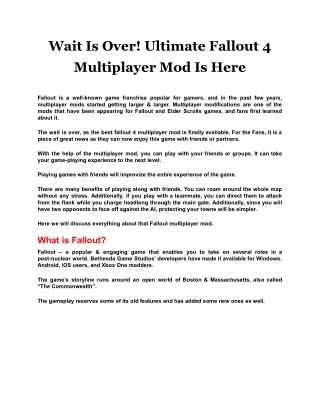 Wait Is Over! Ultimate Fallout 4 Multiplayer Mod Is Here
