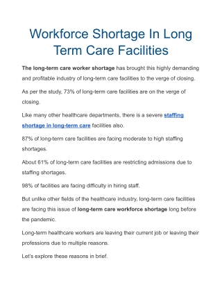 Workforce Shortage In Long Term Care Facilities