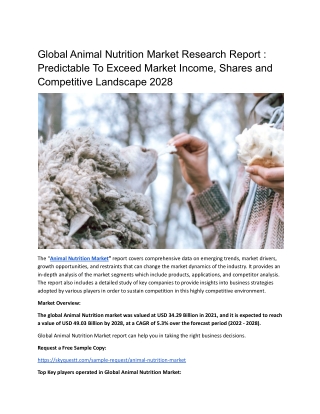 Global Animal Nutrition Market Research Report : Predictable To Exceed Market