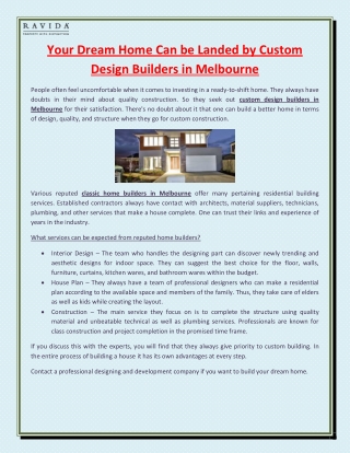 Your Dream Home Can be Landed by Custom Design Builders in Melbourne