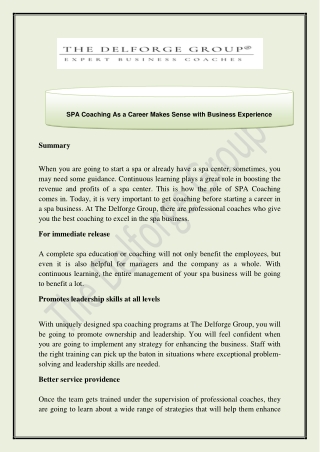 SPA Coaching As a Career Makes Sense with Business Experience