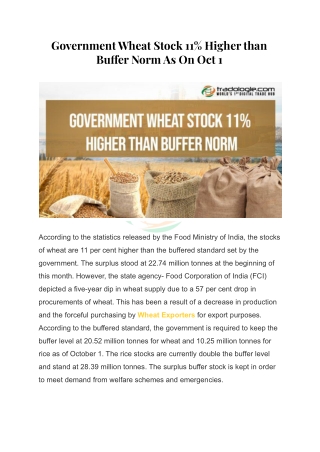 Government Wheat Stock 11% Higher than Buffer Norm As On Oct 1