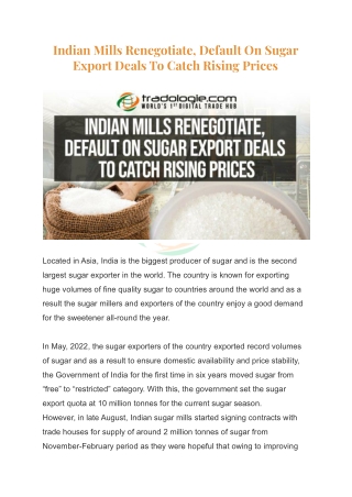 Indian Mills Renegotiate, Default On Sugar Export Deals To Catch Rising Prices