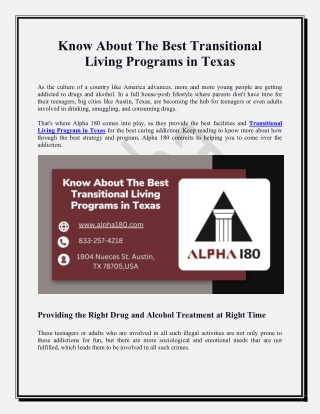 Know About The Best Transitional Living Programs in Texas From Alpha 180