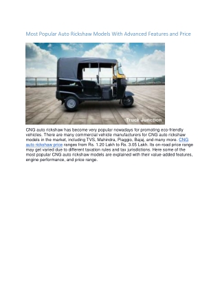 Most Popular Auto Rickshaw Models With Advanced Features and Price