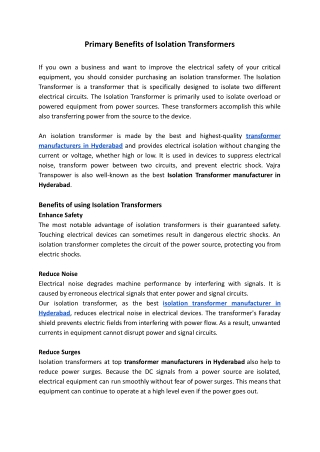 Primary Benefits of Isolation Transformers