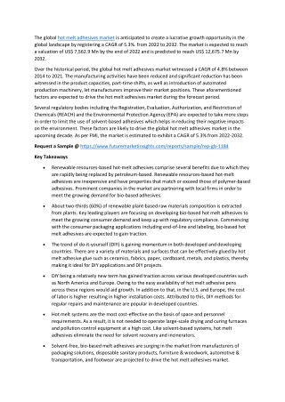 Hot Melt Adhesives Market Is Expected to reach US$ 12.67 Bn  by 2032