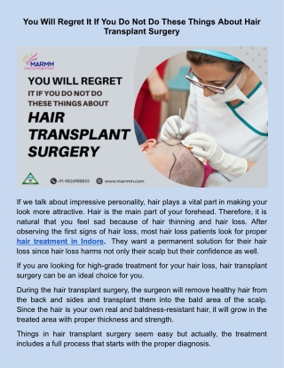 You Will Regret It If You Do Not Do These Things About Hair Transplant Surgery