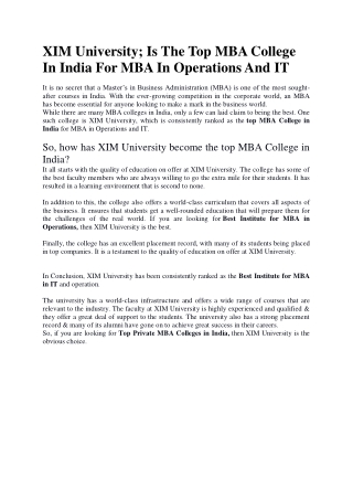 XIM University; Is The Top MBA College In India For MBA In Operations And IT