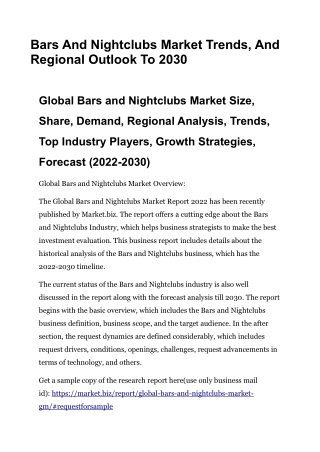 Bars And Nightclubs Market Trends, And Regional Outlook To 2030