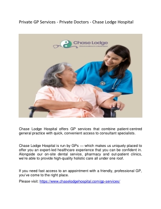 Private GP Services - Private Doctors - Chase Lodge Hospital