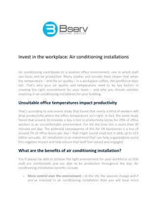 Invest in the workplace Air conditioning installations Bserv Building Services