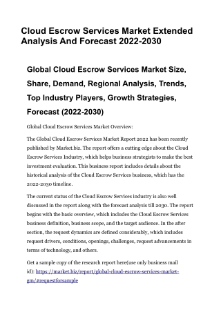 Cloud Escrow Services Market Extended Analysis And Forecast 2022-2030