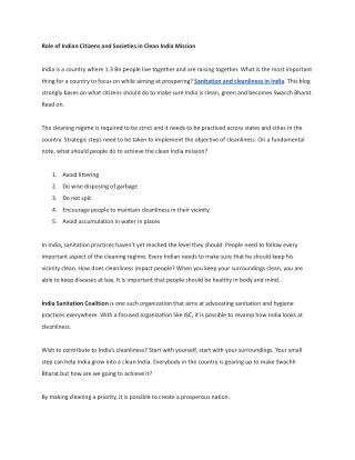 Role of Indian Citizens and Societies in Clean India Mission