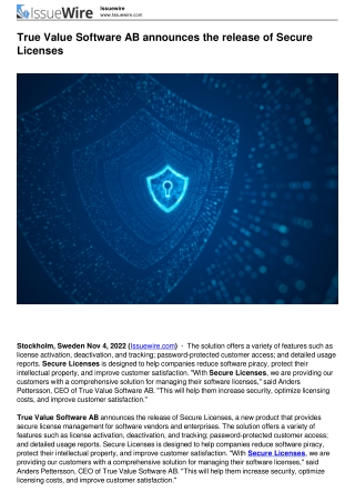 True Value Software AB announces the release of Secure Licenses