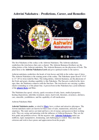 Ashwini Nakshatra – Predictions, Career, and Remedies