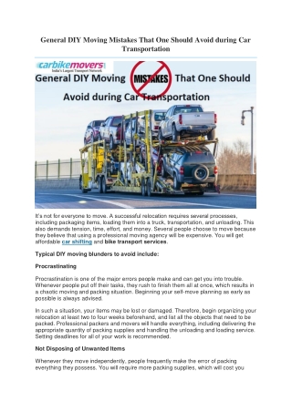 General DIY Moving Mistakes That One Should Avoid during Car Transportation