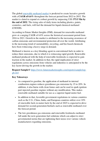 Renewable Methanol Market Size to be worth US$ 373.5 Mn by 2032