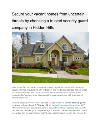 Secure your vacant homes from uncertain threats by choosing a trusted security guard company in Hidden Hills