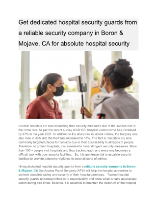 Get dedicated hospital security guards from a reliable security company in Boron & Mojave, CA for absolute hospital secu