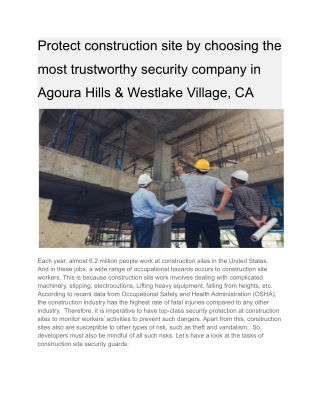 Protect construction site by choosing the most trustworthy security company in Agoura Hills & Westlake Village, CA