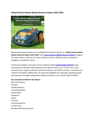 Global Garden Robots Market Research Report 2022-2032