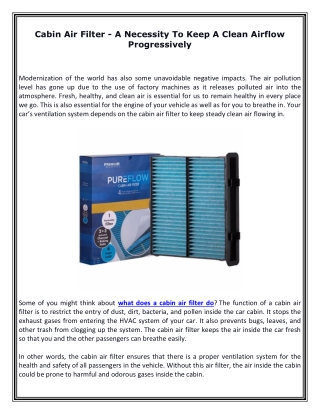 Cabin Air Filter - A Necessity To Keep A Clean Airflow Progressively