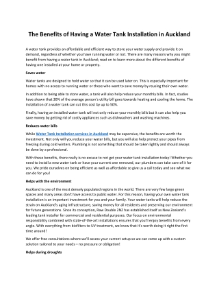 The Benefits of Having a Water Tank Installation in Auckland