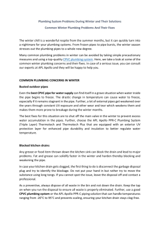 Plumbing System Problems During Winter and Their Solutions