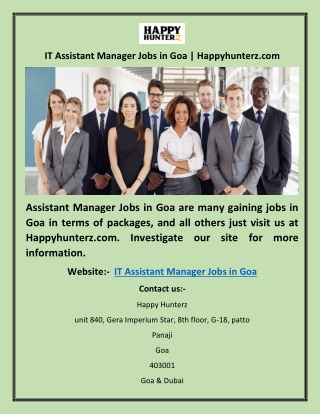 IT Assistant Manager Jobs in Goa | Happyhunterz.com