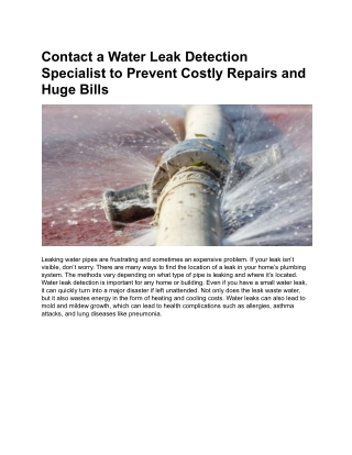 Contact a Water Leak Detection Specialist to Prevent Costly Repairs and Huge Bills