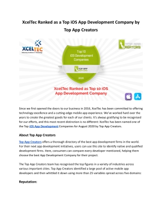 XcelTec Ranked as a Top iOS App Development Company by Top App Creators