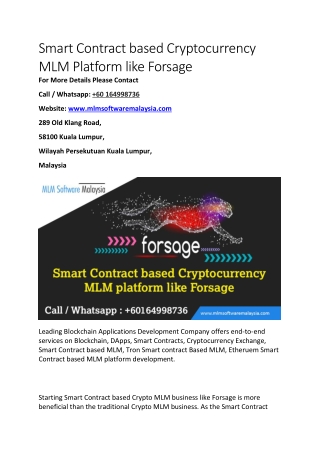 Smart Contract based Cryptocurrency MLM Platform like Forsage