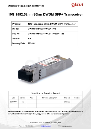 10G 1552.52nm 80km DWDM SFP  Transceiver