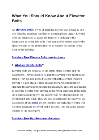 What You Should Know About Elevator Bolts.