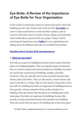 Eye Bolts A Review of the Importance of Eye Bolts for Your Organization