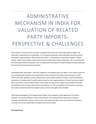 Administrative Mechanism in India for Valuation of Related Party Imports