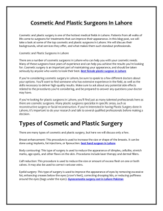 Cosmetic And Plastic Surgeons In Lahore