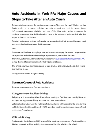 Auto Accidents in York PA: Major Causes and Steps to Take After an Auto Crash