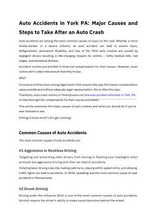 Auto Accidents in York PA: Major Causes and Steps to Take After an Auto Crash