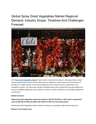Global Spray Dried Vegetables Market Regional Demand, Industry Scope