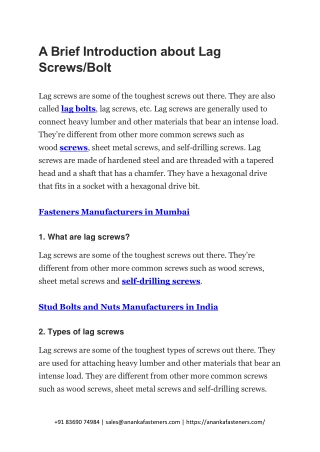 A Brief Introduction about Lag Screws Bolt