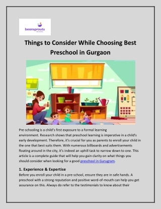 Best Preschool in Gurgaon - Beansprouts Pre School