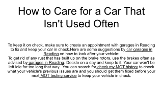 How to Care for a Car That Isn't Used Often