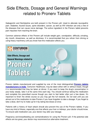 Side Effects, Dosage and General Warnings related to Pronerv Tablets