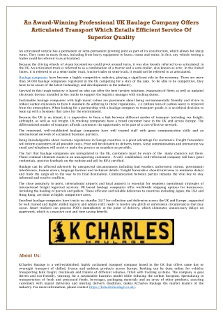 An Award-Winning Professional UK Haulage Company Offers Articulated Transport Which Entails Efficient Service Of Superio