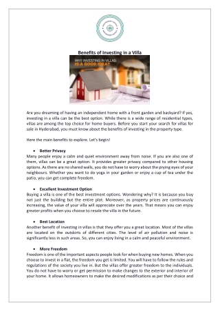 Benefits of Investing in a Villa