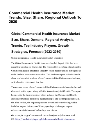 Commercial Health Insurance Market Trends, Size, Share, Regional Outlook To 2030