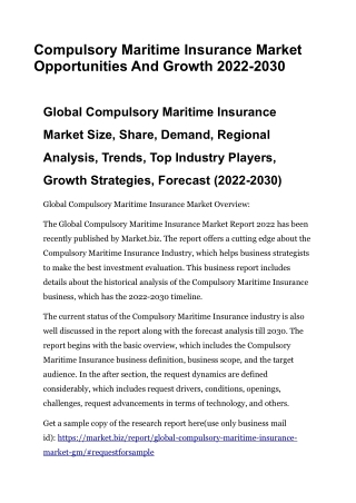 Compulsory Maritime Insurance Market Opportunities And Growth 2022-2030